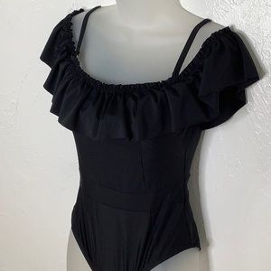 Blue Rod Beattie off the shoulder ruffle one piece black swimsuit size 6 EUC